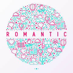 Romantic concept in circle with thin line icons, related to dating, honeymoon, Valentine's day. Modern vector illustration, web page template about Valentine's day.