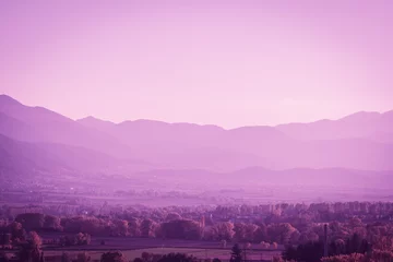Peel and stick wall murals Light Pink Beautiful Pyrinees mountain landscape at the golden hour from the pictoresque town of Puigcerda in Catalonia, Spain. Ultra Violet style