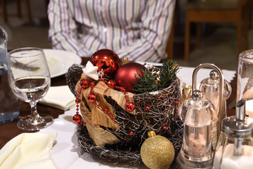 Christmas decoration on the trees and table 