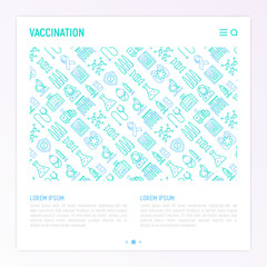 Fototapeta na wymiar Vaccination concept with thin line icons: vaccine, syringe, ampoule, vial, microscope, virus, DNA, hospital, ambulance. Vector illustration for banner, print media, web page.