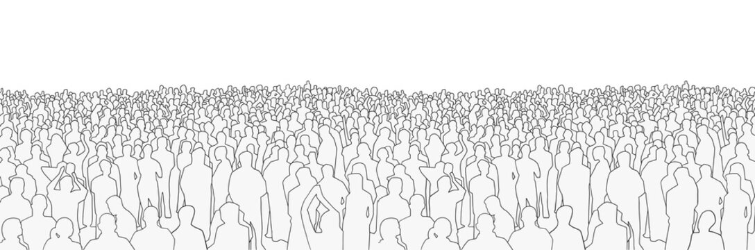 Illustration of large mass of people from wide angle in black and white