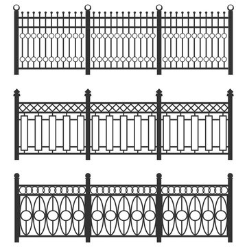 Metal fence-grid, forged fence. A set of fences made of black grating. Isolated chain linked fences metal.