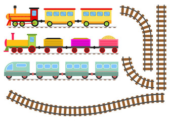 Cartoon train with wagons and railway. The toy train goes by rail.
