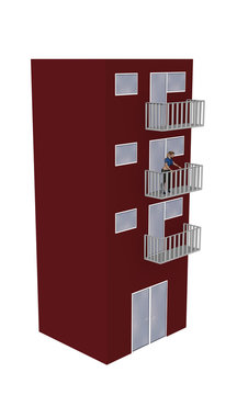 Einfaches rotes Hochhaus mit einer Frau auf dem Balkon aus Seitenansicht auf weiß isoliert. 3d render