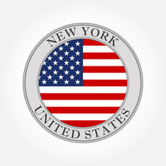 Flag of USA round icon or badge. New York city and United States circle button. American national symbol. Vector illustration.
