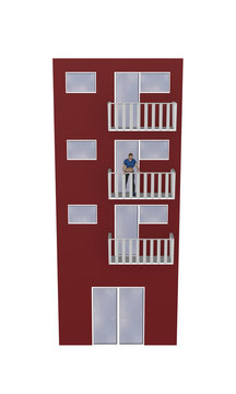 Einfaches rotes Hochhaus mit einer Frau auf dem Balkon aus Vorderansicht auf weiß isoliert. 3d render