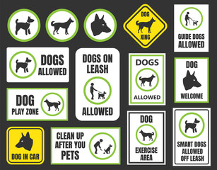 dogs friendly sign, pet allowed set, dog in car and xing symbol