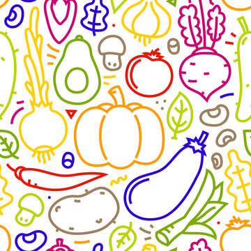 Lineart Flat Style Vegetables seamless vector pattern on white background