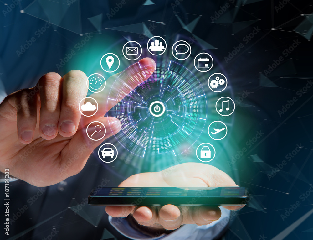 Poster home button of a technology interface surrounded by application - technology app concept