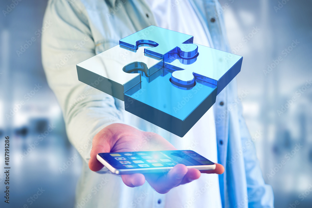 Poster four puzzle pieces making a logo on a futuristic interface - 3d rendering
