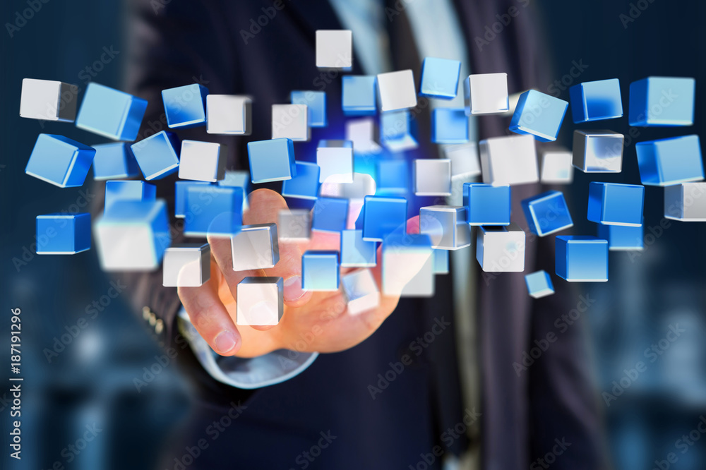 Aufkleber 3d rendering blue and white cube on a futuristic interface