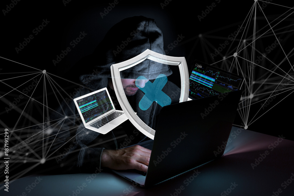 Poster hacker man in the dark using computer to hack data and information system