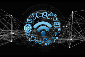wifi symbol connection surrounded by multimedia and internet application logo - 3d render