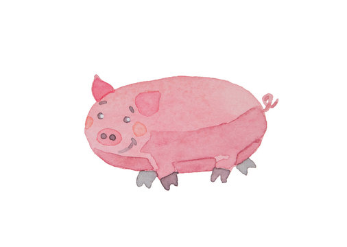 Happy piggy drawn watercolor on a white background