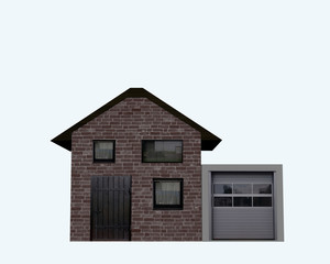 Wohnhaus mit Garage aus Vorderansicht auf weiß isoliert. 3d render