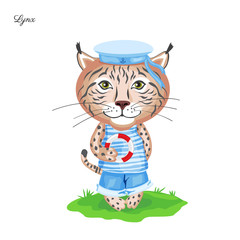 Lynx sailor in cap with lifeline on green grass isolated on white background, Vector cartoon cute illustration, Character design for greeting card, children invite, element pattern, baby shower