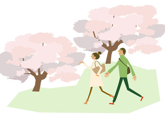 満開の桜と散歩するカップル。春のクリップアート。