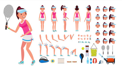 Tennis Player Female Vector. Animated Character Creation Set. Tennis Player Girl, Woman. Full Length, Front, Side, Back View, Accessories, Face Emotions, Gestures. Isolated Flat Cartoon Illustration