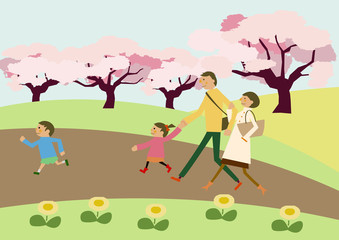 春の景色。家族連れの小旅行。春の景色。