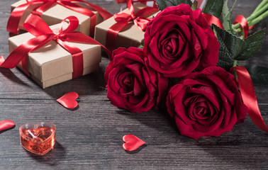 Valentines day background, Valentines day card with roses and gifts on wooden board