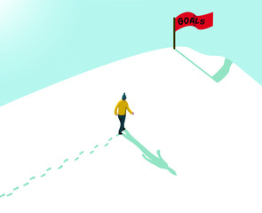 goal concept achieve reach the target one man alone walking in snow up to hill mountain with red flag sign text goals 