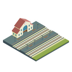 Isometric Train Station with two platforms and two way. 3d graphic.