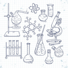 sketch set of various devices for chemical experiments