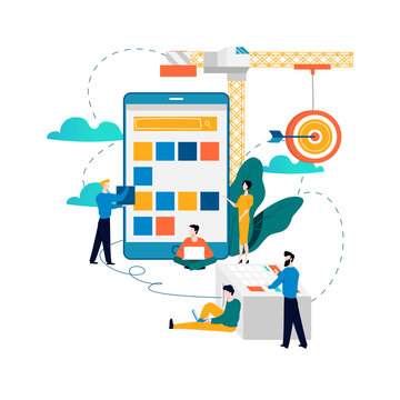 Mobile application development process flat vector illustration. Software API prototyping and testing background. Smartphone interface building process, mobile app building concept