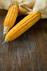 Grains of ripe corn on wooden background. Corn cob on wooden background