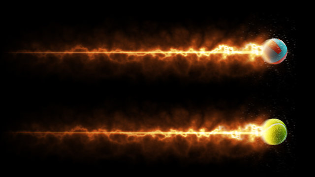 Sport. Volleyball and tennis balls. Flying burning balls. Isolated in black background