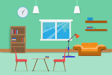 Fototapeta premium interior living room design relax with sofa Bookshelf and window in green wall background. vector illustration
