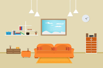interior living room design relax with sofa orange and bookshelf window in wall background. vector illustration