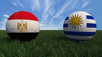 3D soccer balls with Uruguay and Egypt flag, World Cup 2018. Placed on 3d grass. Background isolated with clipping path.