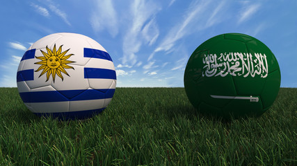 3D soccer balls with Uruguay and Saudi Arabia flag, World Cup 2018. Placed on 3d grass. Background isolated with clipping path.