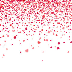 Valentines day red background with blurred hearts. Love symbol. February 14. I love you. Be my valentine. Heart confetti.