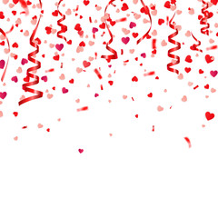 Valentines day red background with hearts. Love symbol. February 14. I love you. Be my valentine. Ribbon. Heart confetti.
