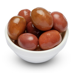 olives in white bowl on white background