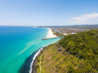 Tallebudgera creek and Burleigh Heads on the Gold Coast from an aerial perspective on a clear blue water day
