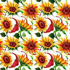Wildflower sunflower flower pattern in a watercolor style. Full name of the plant: sunflower. Aquarelle wild flower for background, texture, wrapper pattern, frame or border.