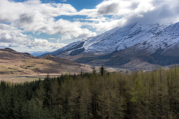 Fototapeta na wymiar Scottish valley and mountain view with forest in the foreground