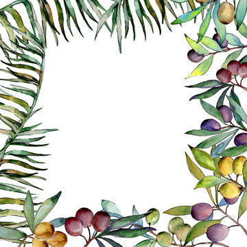 Olive tree frame  in a watercolor style. Full name of the plant: Branches of an olive tree. Aquarelle olive tree for background, texture, wrapper pattern, frame or border.