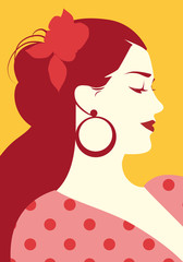 Beautiful spanish woman with flower in her hair and polka dot dress wearing big circular earrings - obrazy, fototapety, plakaty