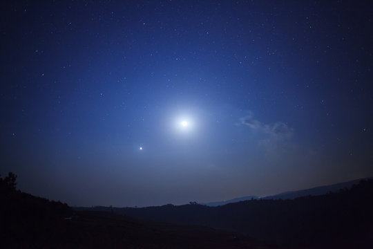 Night nature background, cloudy sky with stars and moon light