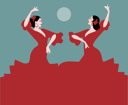 Two Spanish flamenco dancers dancing "sevillanas", typical Spanish dance. Moon in the background.