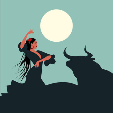 Elegant and beautiful Spanish flamenco dancer with long hair, dancing in front of a bull under the moon