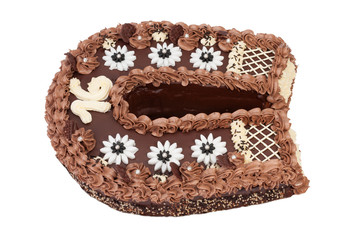 Close up of birthday sponge cake with chocolate cream