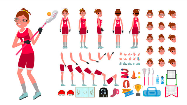 Lacrosse Player Female Vector. Animated Character Creation Set. Girl s Lacrosse. Woman Player. Full Length, Front, Side, Accessories, Poses, Face Emotions, Gestures. Isolated Flat Cartoon Illustration