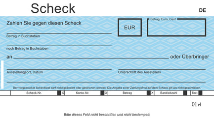 Vektor-Check mit modernem Design. Original Scheck - blanko blue. Blanko&uuml;berpr&uuml;fung mit freiem Platz f&uuml;r Ihren Text.