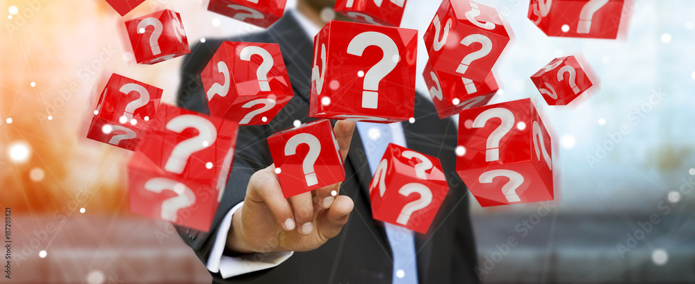 Poster businessman using cubes with 3d rendering question marks