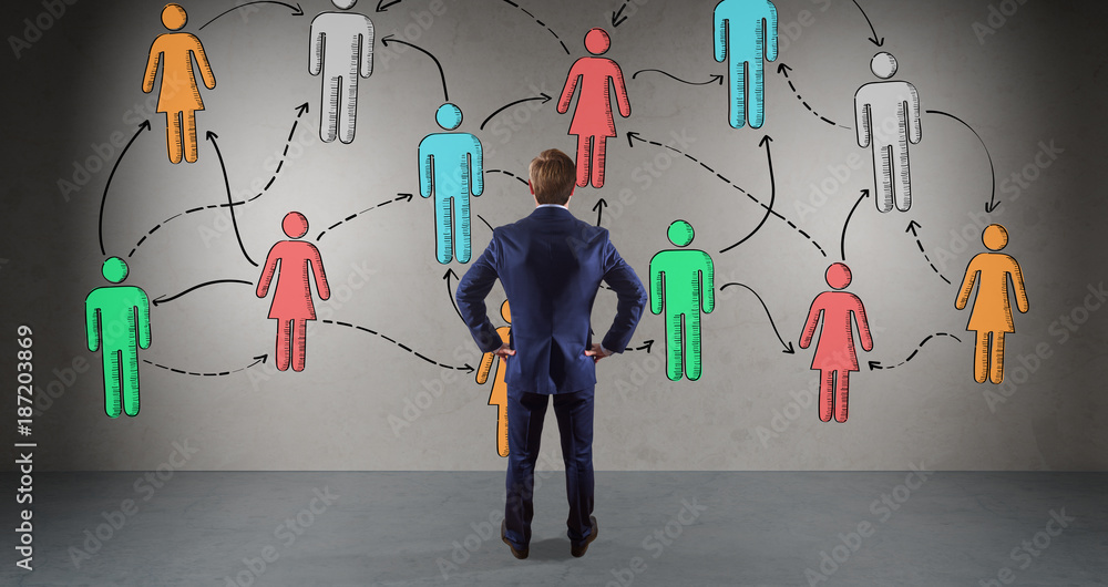 Poster businessman watching social network sketch on a wall 3d rendering